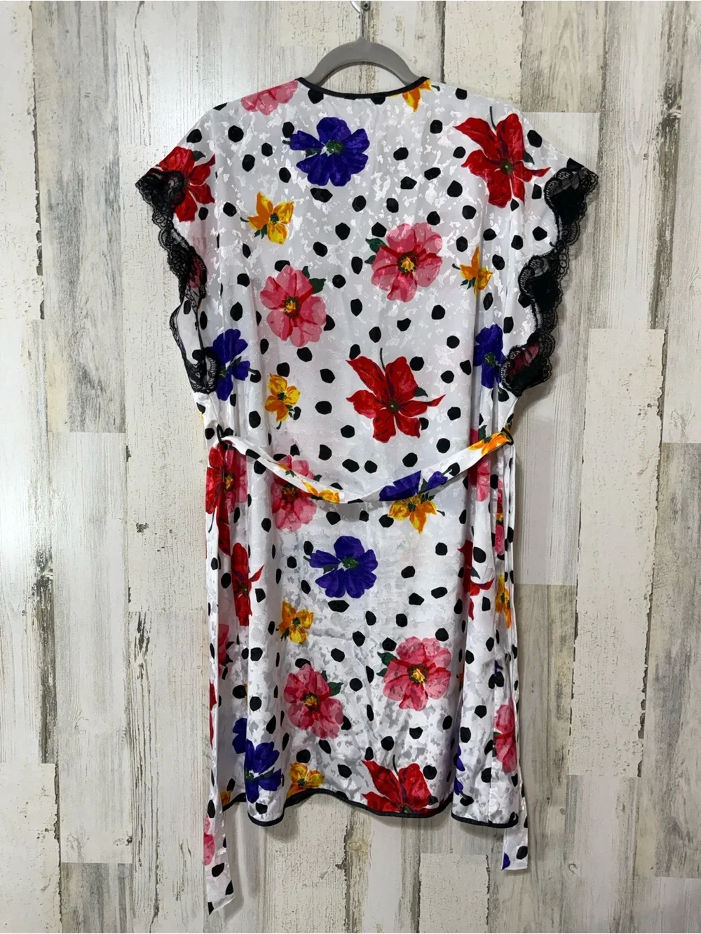 Floral Polka Dot Satin Chemise & Robe Set - White with Multicolor Flowers